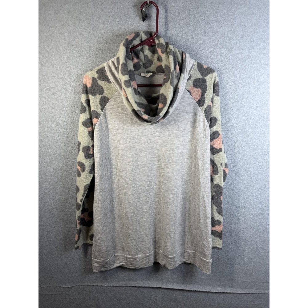 Lovely Melody Shirt Womens Large Gray Cowl Neck Animal Print Top Long Sleeve